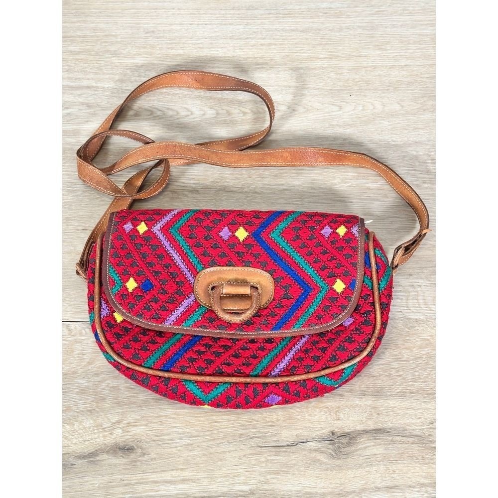 TATA Guatemalan Woven Colorful Purse Crossbody Bag with Leather Closure & Strap
